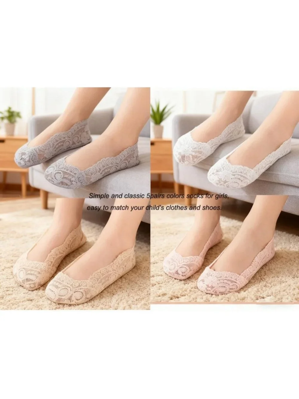 5 Pairs Toddler Girls Lace No Show Socks - Anti-Slip Low Cut Cotton Liners